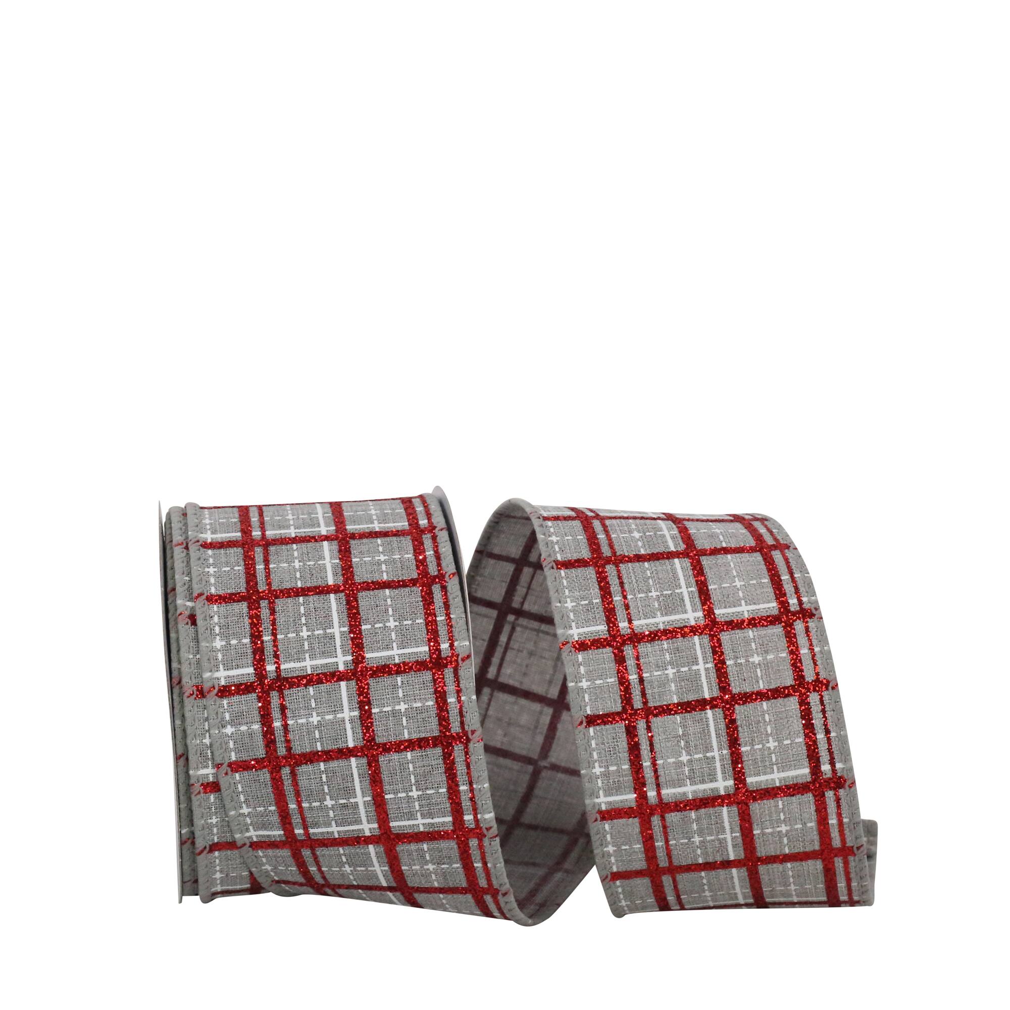 JAM Paper 2.5" x 10yd. Gray Wired Plaid Glitter Printed Stitch Ribbon